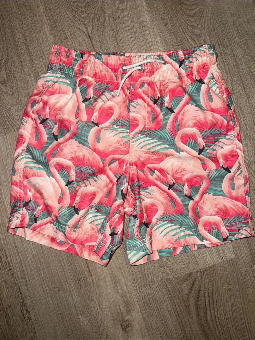 Old Navy Pink Flamingo Print Swim Trunks with Teal Palm Leaves